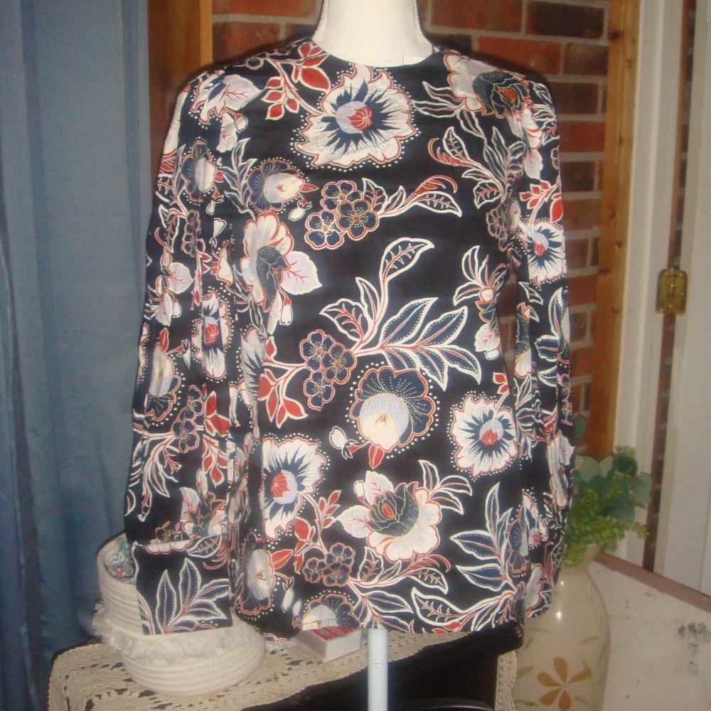 Floral Print Long Balloon Sleeve Button-Back Top S